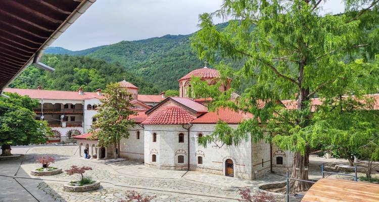 Monastic complex with red-tiled domes in a wooded area.