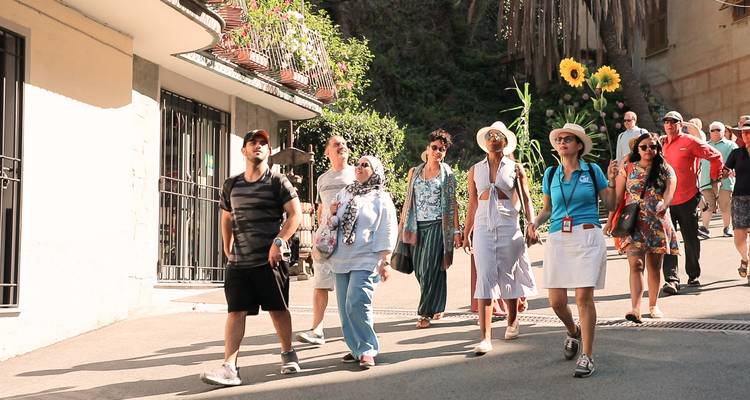 Des touristes se promènent le long d'une rue entourée de bâtiments et de plantes.