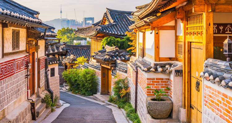 Traditional Korean houses lining a peaceful street with Seoul Tower in the background.