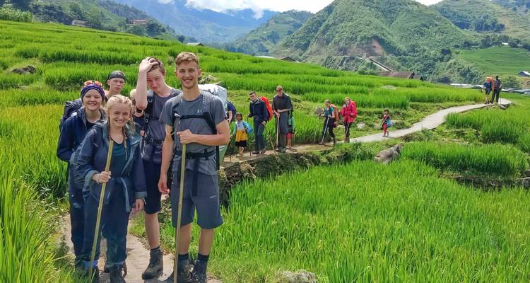 Groupe de randonneurs marchant le long d'un sentier dans des rizières en terrasses d'un vert luxuriant avec des montagnes en arrière-plan.