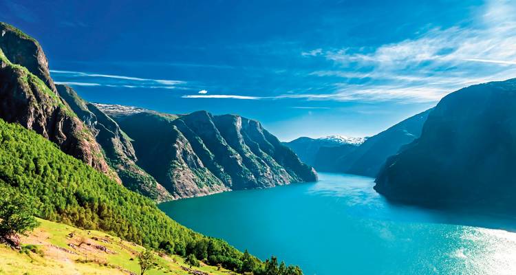 Lebendige Landschaft eines tiefen Fjords mit steilen Klippen.