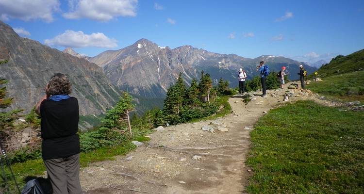 Gruppe von Wanderern auf einem Wanderweg in einer bergigen Region mit üppigem Grün.