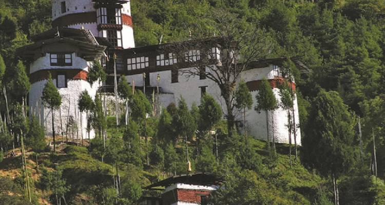Un dzong bhoutanais traditionnel se dresse parmi une forêt dense et verte sur le flanc d'une montagne.