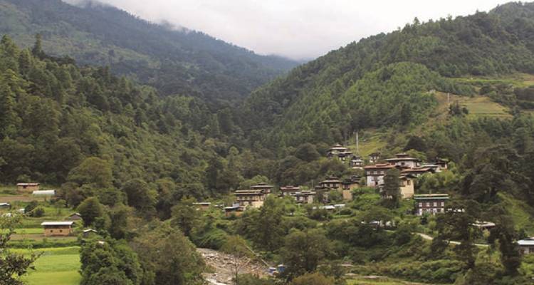 Un petit village bhoutanais de maisons traditionnelles se trouve dans une vallée verdoyante entourée de collines brumeuses.