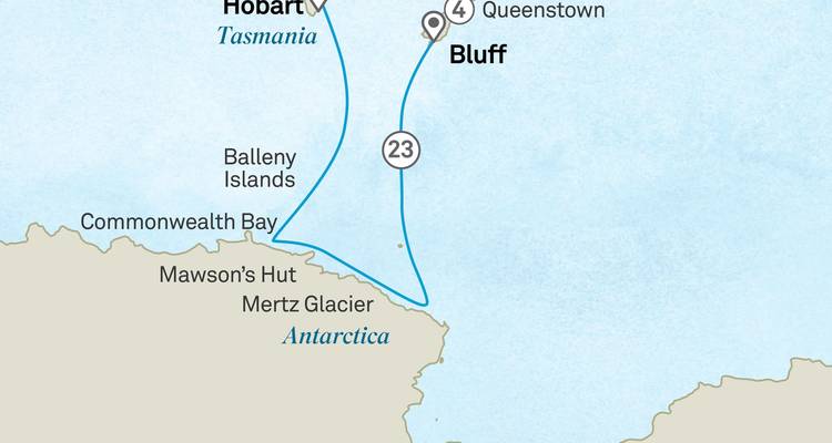 Karte mit Reiserouten einschließlich Hobart und Bluff.
