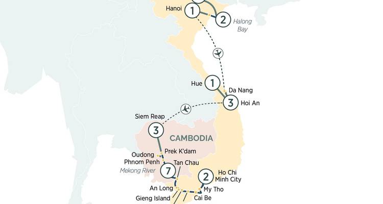 Carte d'itinéraire de visite couvrant le Vietnam et le Cambodge avec des segments de vol et de croisière.