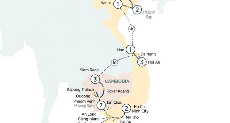Carte d'itinéraire Vietnam-Cambodge montrant les transferts et les arrêts pour la nuit.