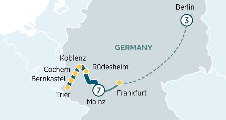 Carte de croisière allemande sur la Moselle et le Rhin entre Berlin et Mayence via Trèves, Cochem et Coblence.
