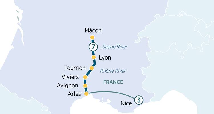 Mapa simplificado que ilustra una ruta de viaje por el sur de Francia desde Niza hasta Mâcon a lo largo de los ríos Ródano y Saona.