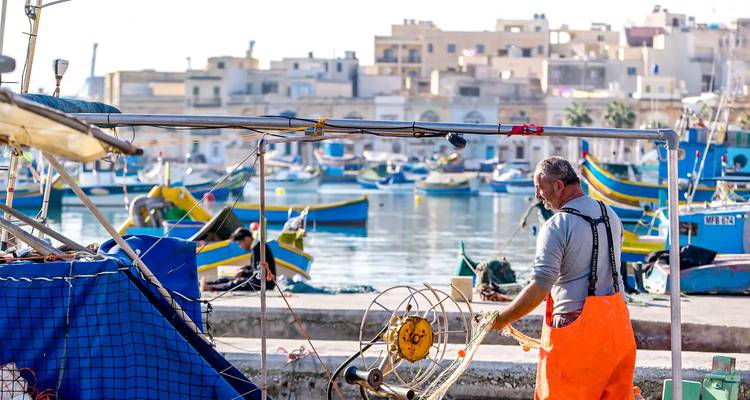 Fishermen handling nets in a colorful port