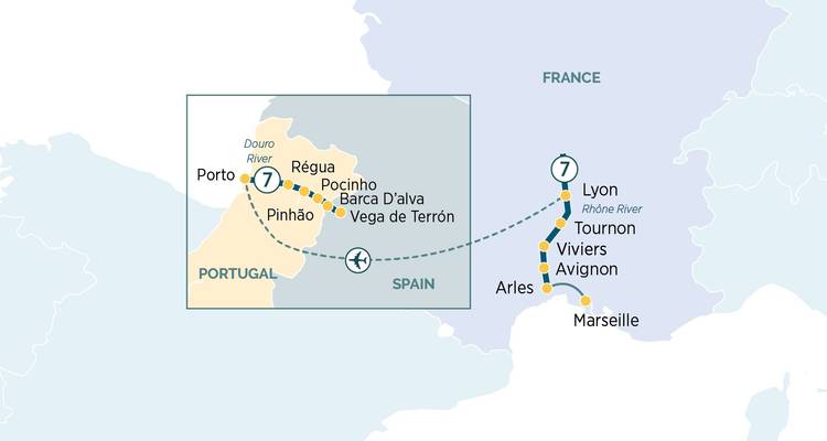 Un mapa que describe una ruta de viaje a través de partes de Francia, España y Portugal.