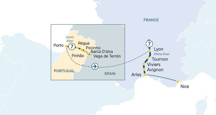 Un mapa que muestra las conexiones entre ciudades de Francia y Portugal.