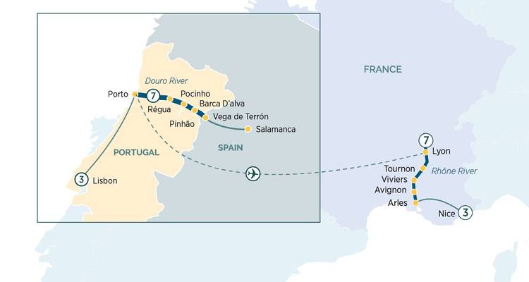 Karte mit einer Reiseroute durch Frankreich, Spanien und Portugal.