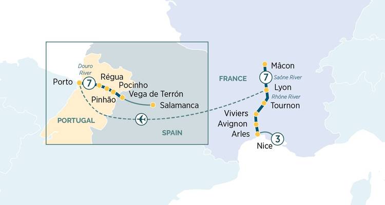 Carte d'itinéraire de voyage couvrant des régions en France et au Portugal.