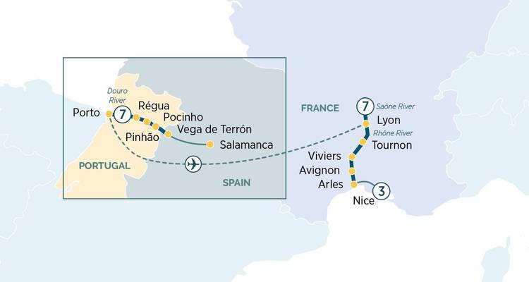 Mapa que muestra el itinerario de viaje por Portugal, España y Francia.