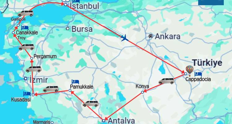 Carte montrant un itinéraire de voyage couvrant divers lieux en Turquie.