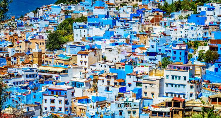 Bâtiments bleus éclatants blanchis à la chaux sur une colline.