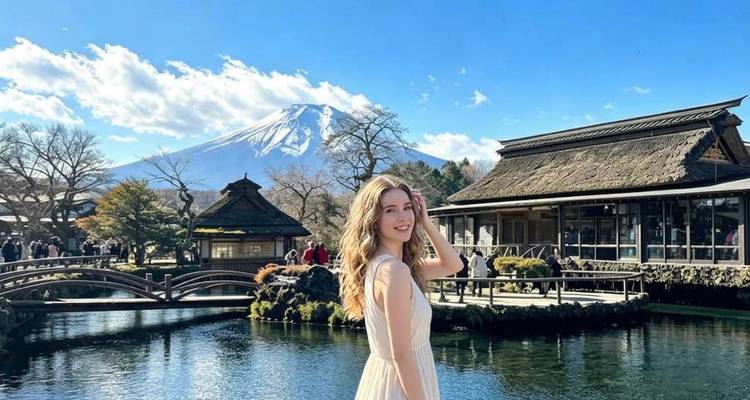 Young woman smiling beside clear pond with Mount Fuji towering under blue sky.