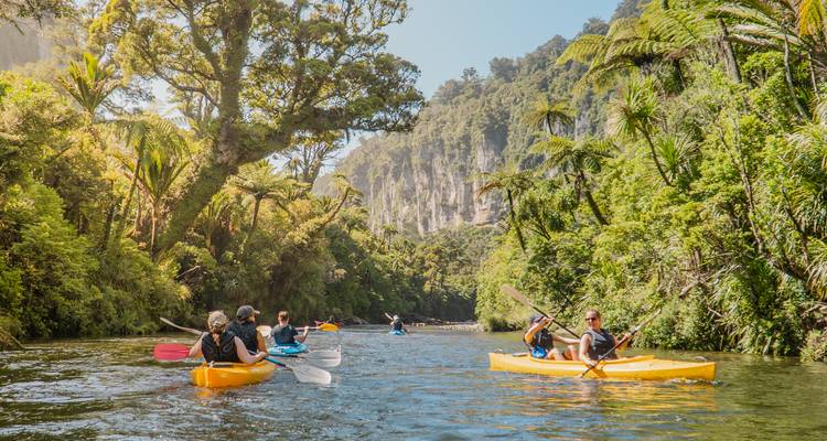 Mehrere Abenteurer paddeln mit leuchtend bunten Kajaks durch eine von Dschungel gesäumte Flussschlucht, wobei Sonnenlicht durch die Bäume fällt.