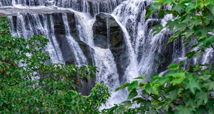 Cascade à plusieurs niveaux dégringolant à travers un feuillage vert luxuriant dans un cadre forestier verdoyant