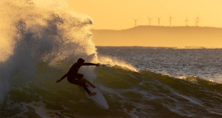 Un surfeur chevauchant une vague avec des éoliennes en arrière-plan au coucher du soleil.