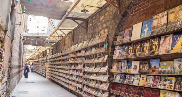Callejón estrecho con estantes llenos de libros y luces decorativas colgando.