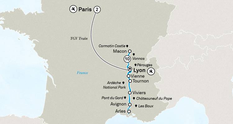 Karte mit Reiserouten zwischen Paris und Lyon.