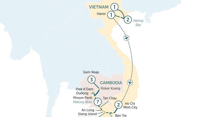 Kaart die de reisroute door Vietnam en Cambodja belicht.