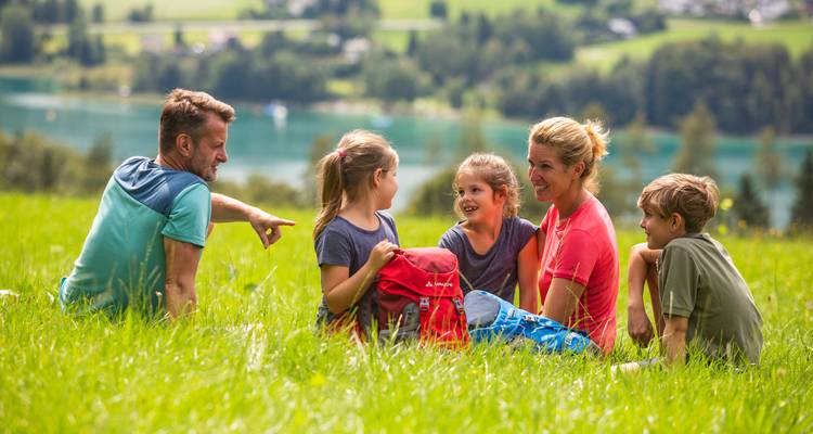 Een familie die picknickt op een grasveld bij een meer.