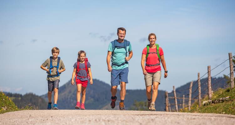 Een familie die op een weg loopt met bergen op de achtergrond.