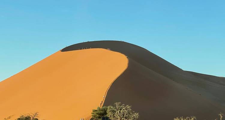Eine große Sanddüne mit einem Pfad, der zur Spitze führt, unter einem klaren blauen Himmel.