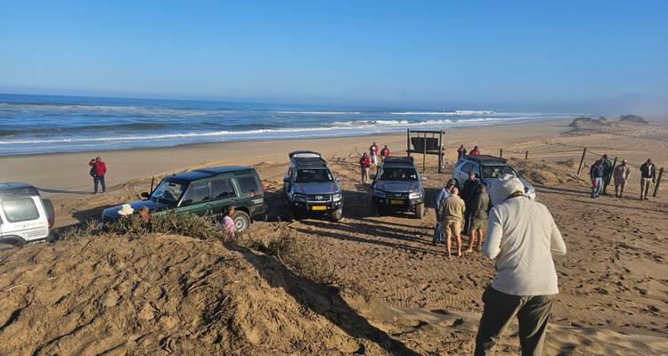 Gruppe von Fahrzeugen und Menschen in einem Küstendünengebiet.