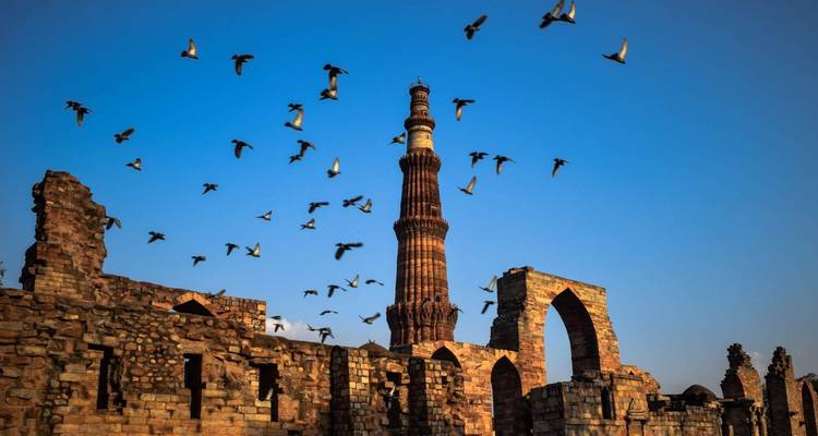 Oude ruïnes met een hoge zuil, omgeven door vliegende vogels.