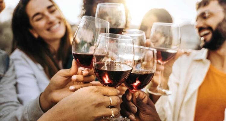 Groupe d'amis trinquant avec des verres de vin rouge, profitant d'une célébration.