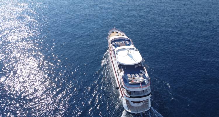 Großes Kreuzfahrtschiff segelt auf offener See.