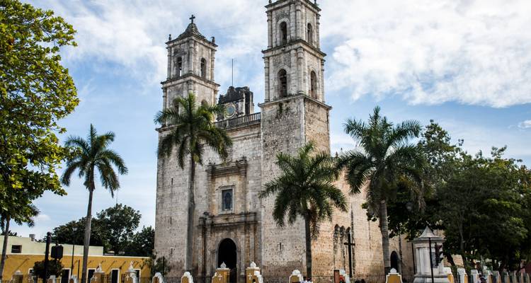 Cathédrale historique avec deux tours et des palmiers devant.