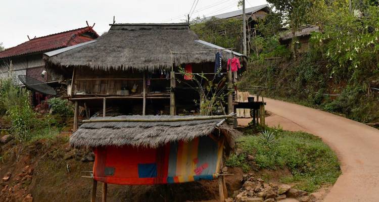 A rural scene with traditional wooden thatched houses along a dirt road.