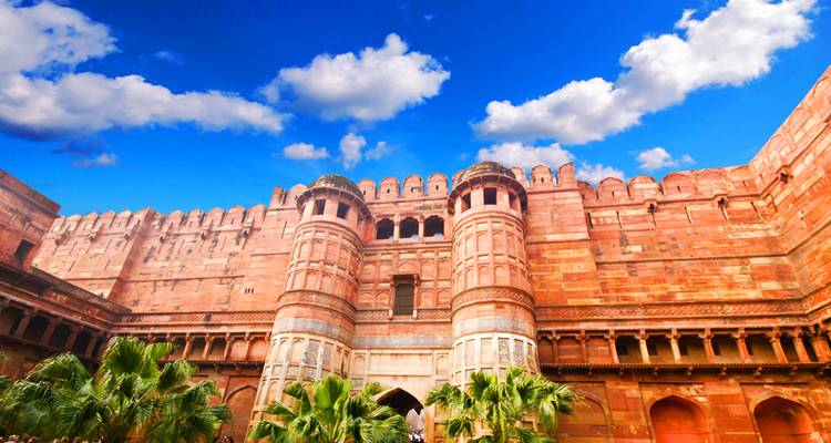 Fort met grote muren en palmbomen op de voorgrond.