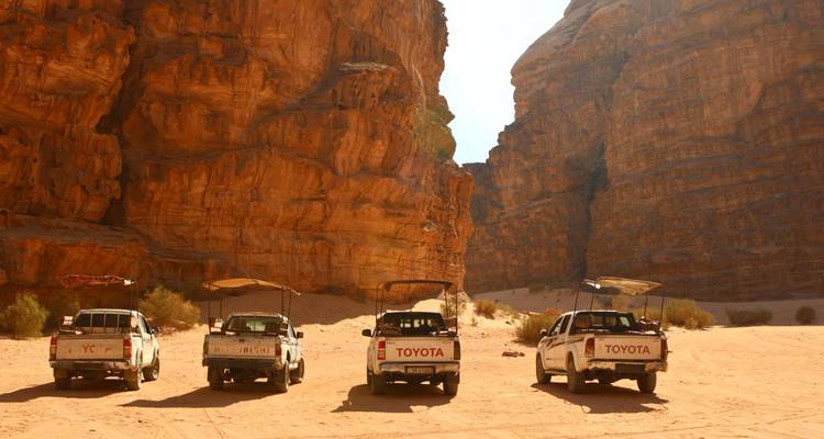 Quatre camions Toyota garés dans un canyon désertique.
