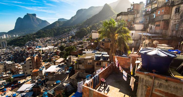 Favela overlooking Rio de Janeiro with mountains