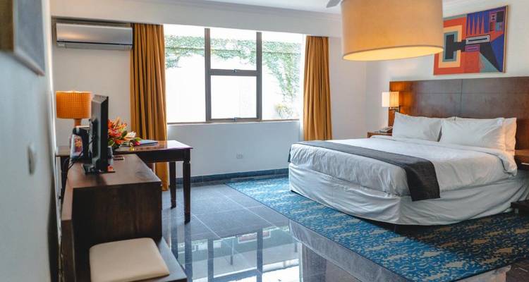 Habitación de hotel con una decoración acogedora, que cuenta con una cama grande y obras de arte.