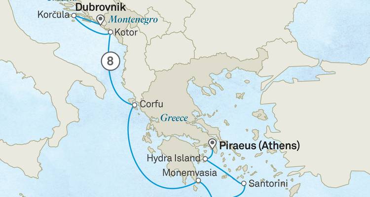Carte de l'itinéraire de navigation de Dubrovnik à travers les îles grecques jusqu'au Pirée.