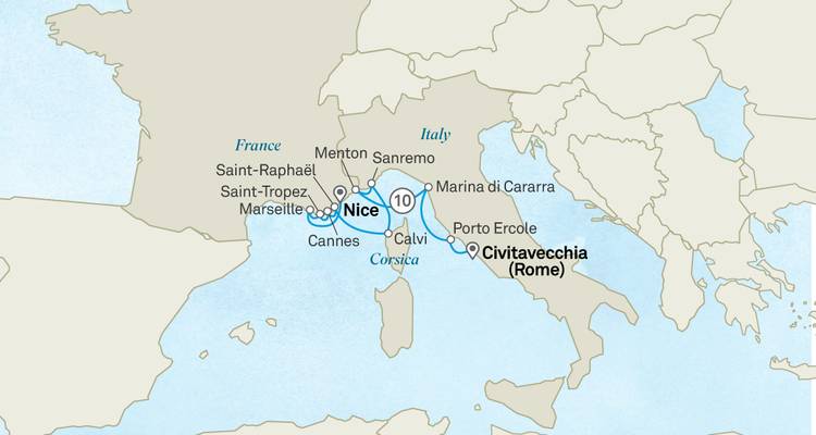 Carte d'itinéraire de croisière de la Riviera française et italienne mettant en évidence Nice et Civitavecchia.