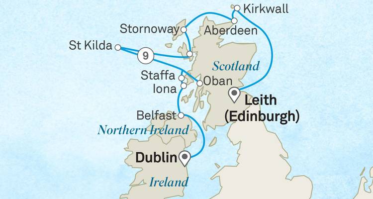 Illustrierte Reiserouten-Karte der Kreuzfahrtroute Schottland und Irland