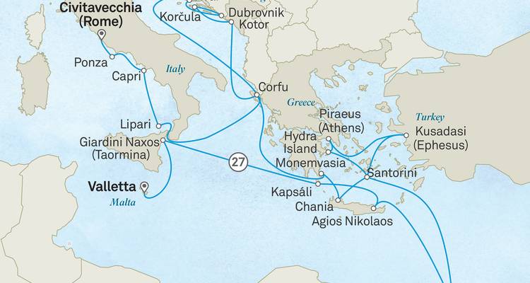 Carte de croisière méditerranéenne prolongée reliant Rome, Malte, la Grèce et la Turquie.