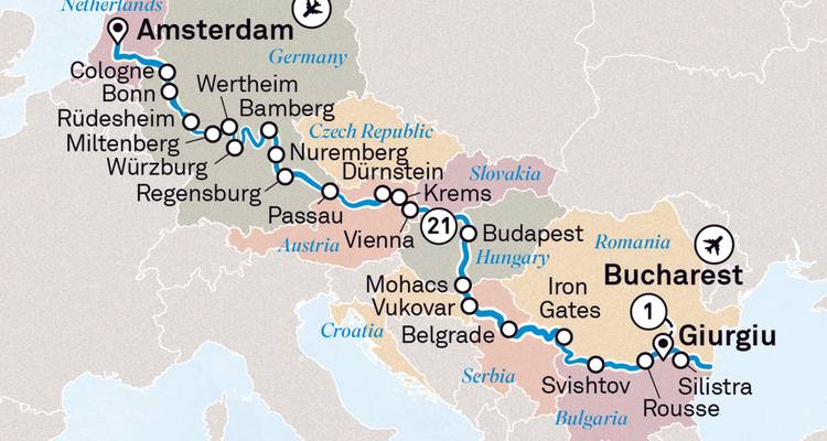 Mapa detallado que muestra las rutas de viaje europeas de Ámsterdam a Bucarest.