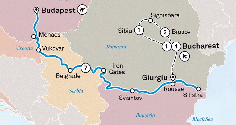 Carte de voyage mettant en évidence les itinéraires de Budapest à Bucarest avec des marqueurs de vol.
