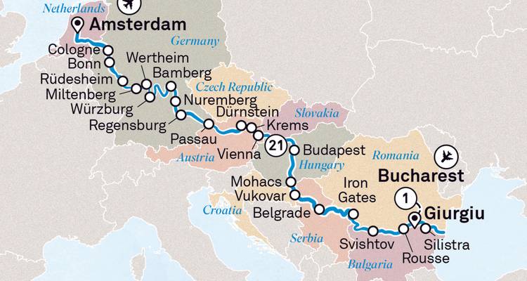 Mapa de destinos de viaje, destacando ciudades como Ámsterdam y Bucarest.