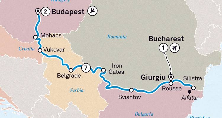 Mapa que muestra rutas de viaje de Budapest a Bucarest, incluyendo paradas en Croacia y Serbia.