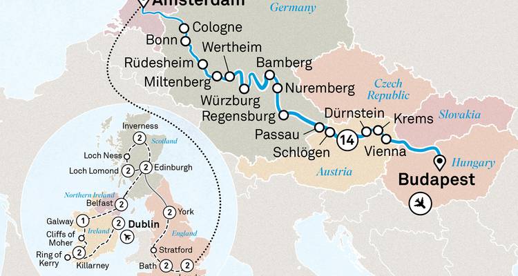 Carte d'itinéraire d'une croisière fluviale européenne d'Amsterdam à Budapest avec carte détaillée du Royaume-Uni